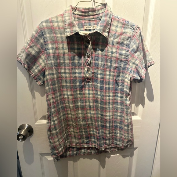 Orvis Tops - Orvis Flannel Shirt Womens S Blue Multi Plaid Acid Wash Short Sleeve Popover Top